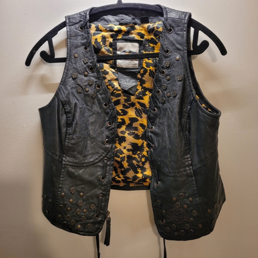 Harley Davidson Lambskin Short Sleeve Leather Black Vest Leopard Lining - M